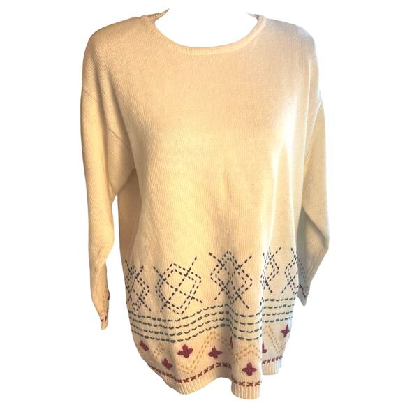 Womens Scandi Nordic Embroidered Ivory Sweater Sz M Rustic Cabincore Cozy VTG - Picture 8 of 16
